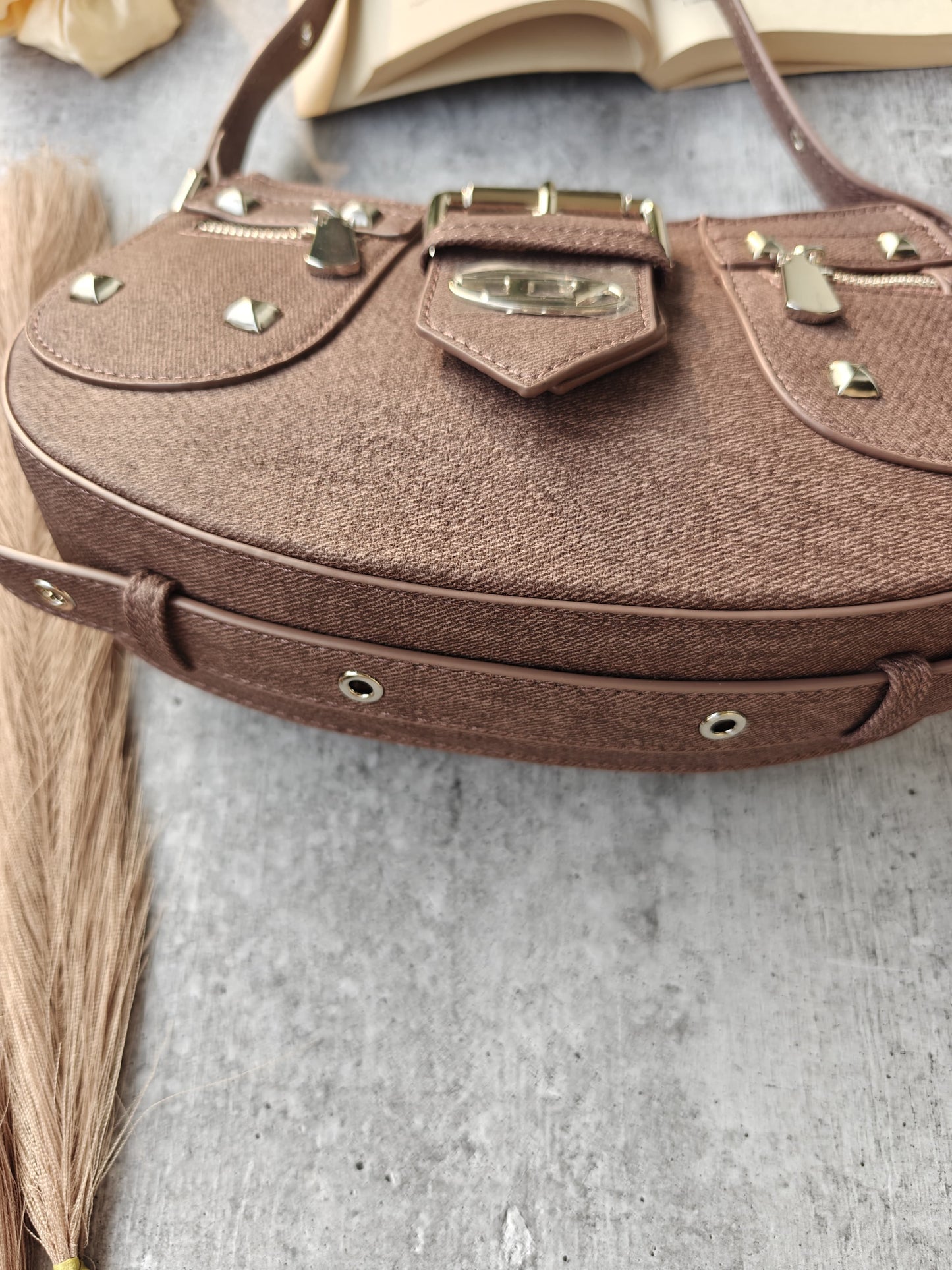 Studded Vintage Brown Buckle Bag