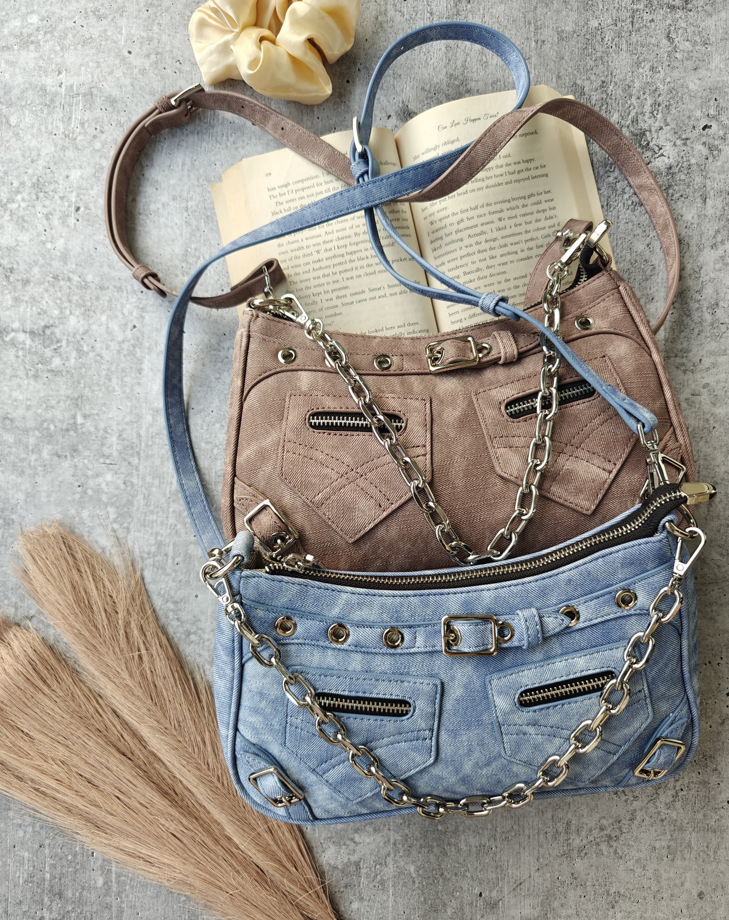 Stylish Zip Front Denim Shoulder Bag