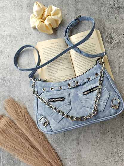 Stylish Zip Front Denim Shoulder Bag