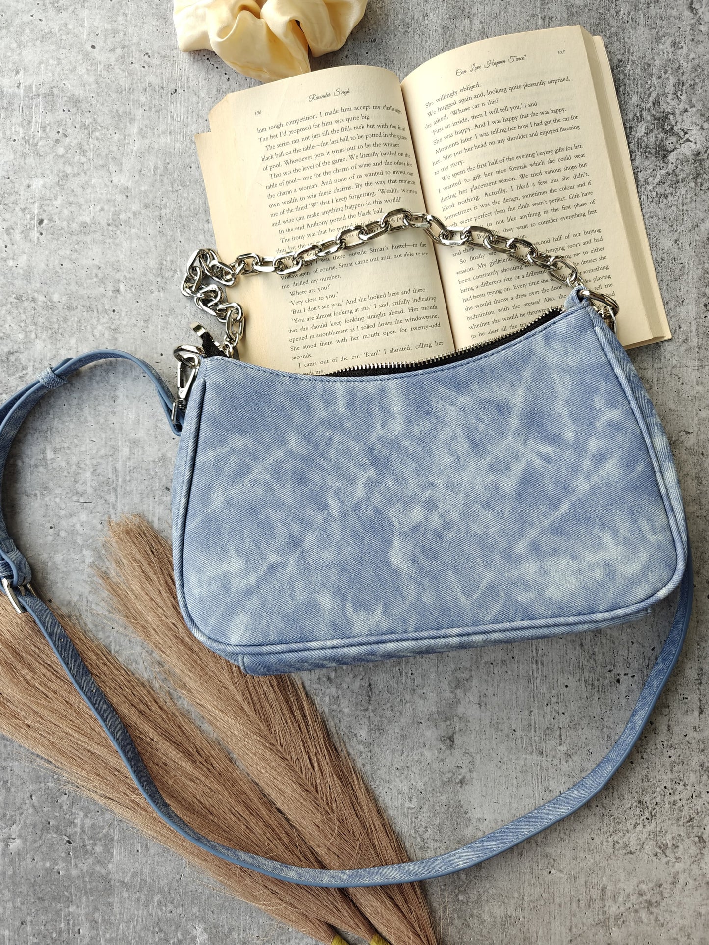 Stylish Zip Front Denim Shoulder Bag