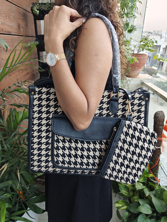 Versatile Houndstooth Print Tote